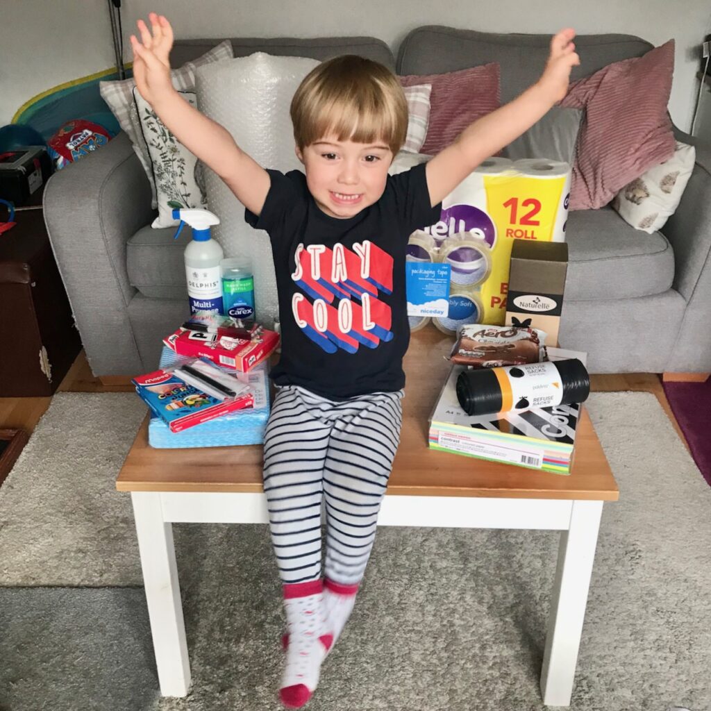 Reuben sits on the table with the Viking Direct delivery goodies