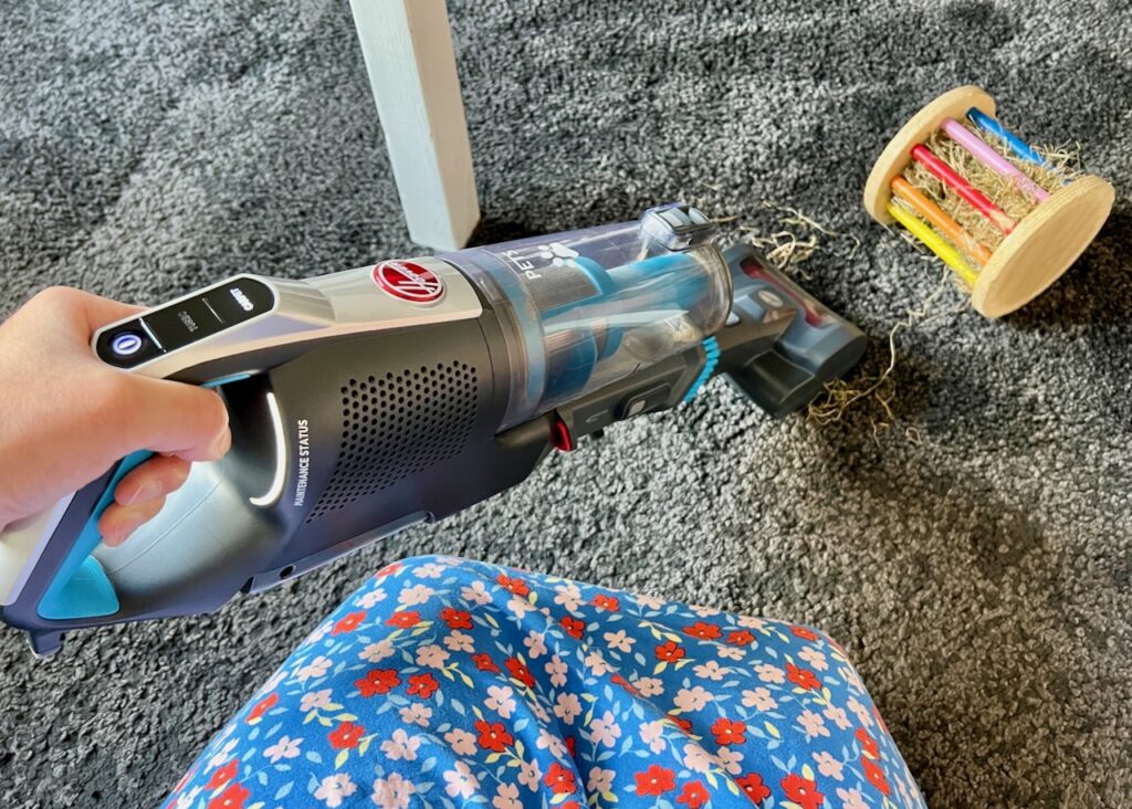 Vacuuming loose hay on carpet with the handheld Anti-Twist model and powered pets head attachment.