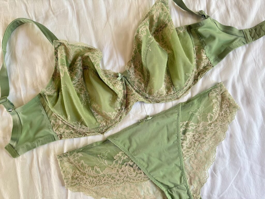 Panache Ana bra and brief in green laid out flat.