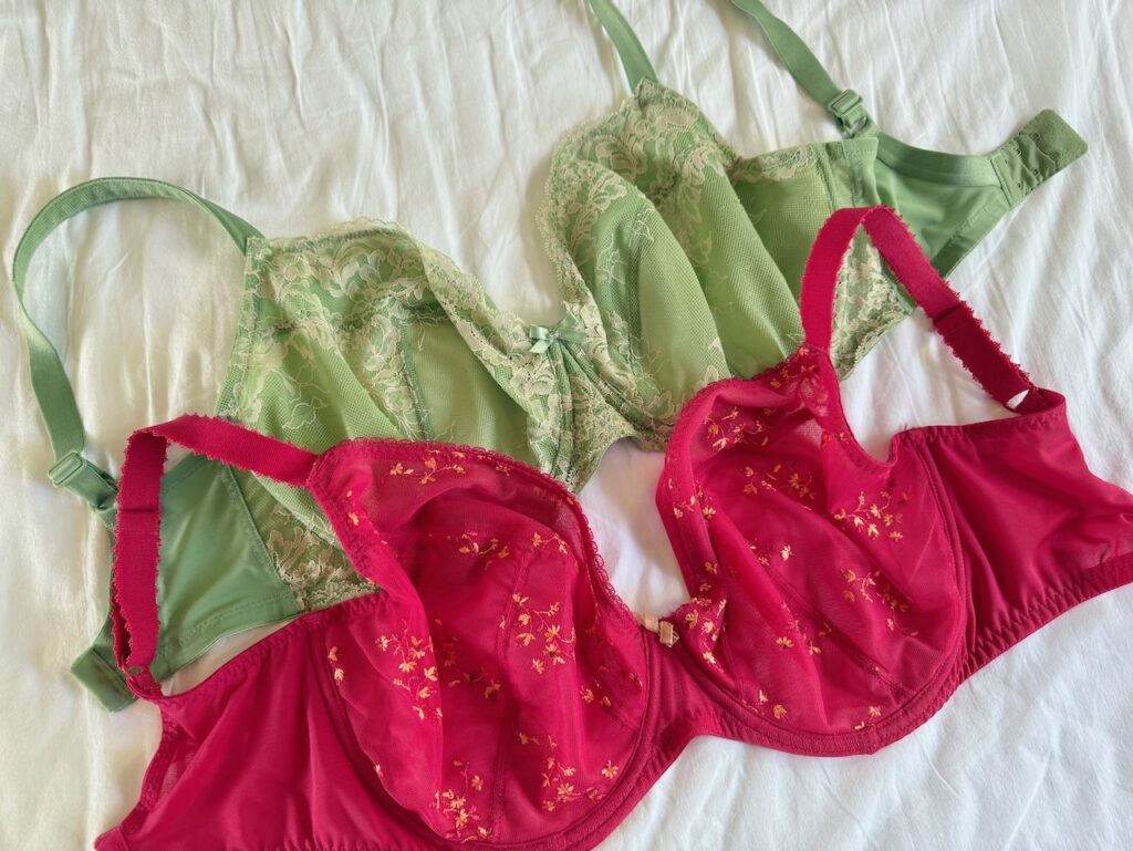 Two plunge bras laid flat together; the Panache Ana in green and Meadow in red underneath.